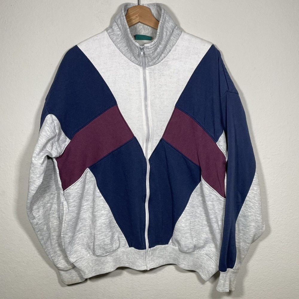 Vintage 80s Claybrooke Sport Gray Color Block Full Zip Track Jacket Men Size L